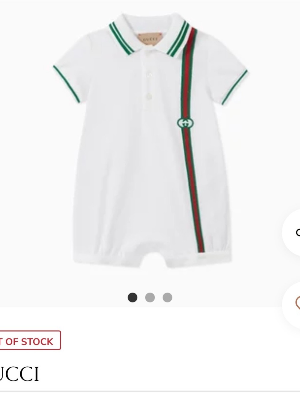 Gucci White Infant Polo Romper with Green & Red Stripe Trim